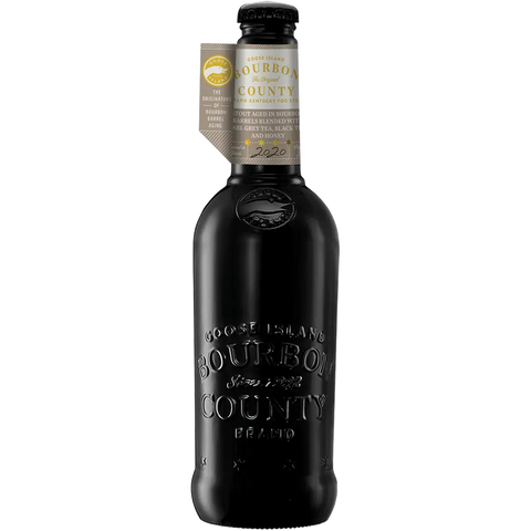 Goose Island Bourbon County Stout Kentucky Fog 2020 bottle, tea-inspired stout with Earl Grey tea, black tea, and clover honey. Goose Island Bourbon County Stout Kentucky Fog 2020 bottle, tea-inspired stout with Earl Grey tea, black tea, and clover honey.
