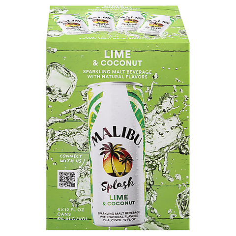 Malibu Splash Lime & Coconut sparkling malt beverage packaging, featuring 4-pack of 12 fl oz cans with natural lime and coconut flavors. Malibu Splash Lime & Coconut sparkling malt beverage packaging, featuring 4-pack of 12 fl oz cans with natural lime and coconut flavors.