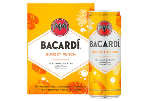 Bacardi Sunset Punch 4-pack, tropical cocktail with blood orange, lemon, and ginger flavors, can and box. Bacardi Sunset Punch 4-pack, tropical cocktail with blood orange, lemon, and ginger flavors, can and box.