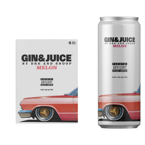 Gin & Juice by Dre and Snoop Melon 4-Pack, featuring premium gin and juicy watermelon flavor in sleek cans with iconic car design. Gin & Juice by Dre and Snoop Melon 4-Pack, featuring premium gin and juicy watermelon flavor in sleek cans with iconic car design.