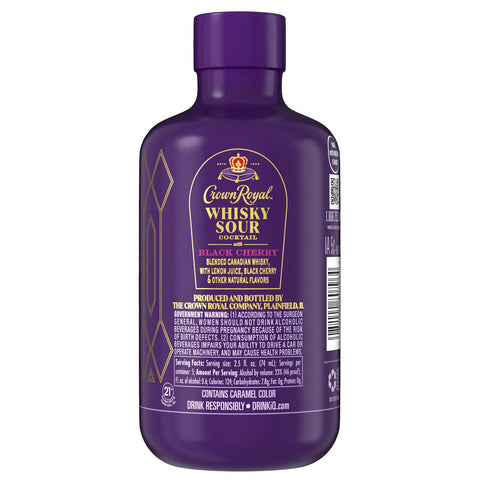Crown Royal Black Cherry Whiskey Sour Cocktail bottle featuring blended Canadian whiskey with notes of lemon and black cherry. Crown Royal Black Cherry Whiskey Sour Cocktail bottle featuring blended Canadian whiskey with notes of lemon and black cherry.