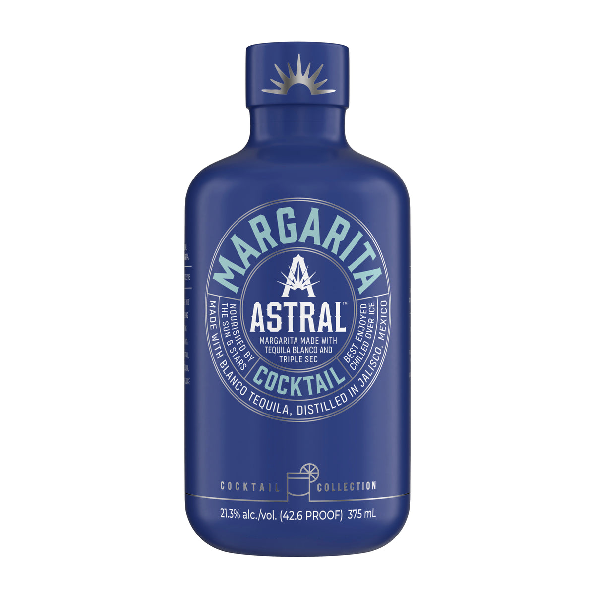 Astral Margarita Cocktails bottle with Tequila Blanco, lime juice, and triple sec, ready to serve, 375ml, front view.