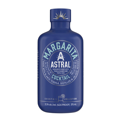 Astral Margarita Cocktails bottle with Tequila Blanco, lime juice, and triple sec, ready to serve, 375ml, front view. Astral Margarita Cocktails bottle with Tequila Blanco, lime juice, and triple sec, ready to serve, 375ml, front view.