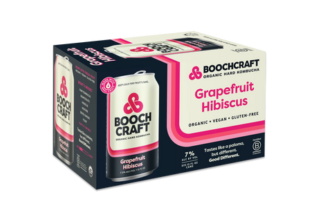 BoochCraft Grapefruit Hibiscus organic hard kombucha 6-pack with vibrant packaging highlighting organic, vegan, and gluten-free beverage features BoochCraft Grapefruit Hibiscus organic hard kombucha 6-pack with vibrant packaging highlighting organic, vegan, and gluten-free beverage features