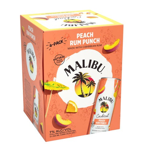 Malibu Peach Rum Punch 4-pack, ready-to-drink cocktail with juicy peach and orange flavors, and Caribbean rum. 7% alcohol by volume. Malibu Peach Rum Punch 4-pack, ready-to-drink cocktail with juicy peach and orange flavors, and Caribbean rum. 7% alcohol by volume.