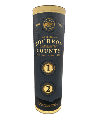 Goose Island Bourbon County Double Barrel Toasted Barrel Stout 2021 packaging with gold and dark labels Goose Island Bourbon County Double Barrel Toasted Barrel Stout 2021 packaging with gold and dark labels