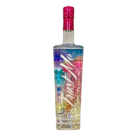 Trust Me Vodka Organic bottle with colorful label and red cap. Trust Me Vodka Organic bottle with colorful label and red cap.