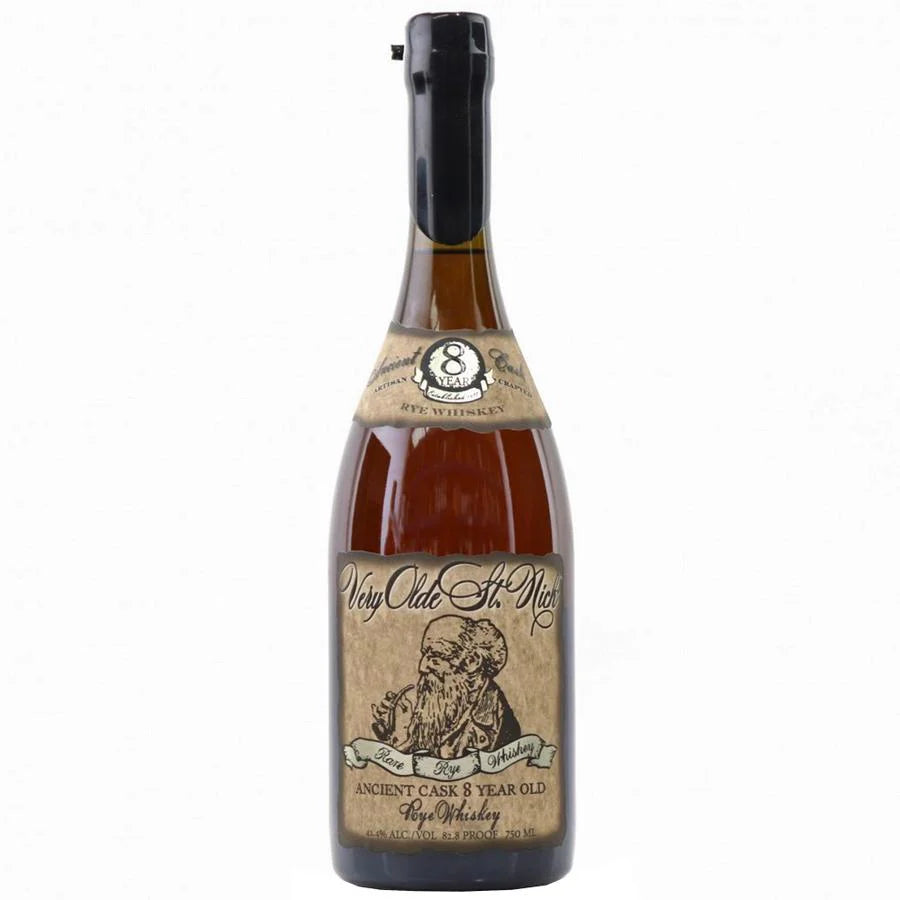 Very Olde St Nick Ancient Cask 8 Year Rye Whiskey bottle featuring unique label and premium oak barrel craftsmanship.