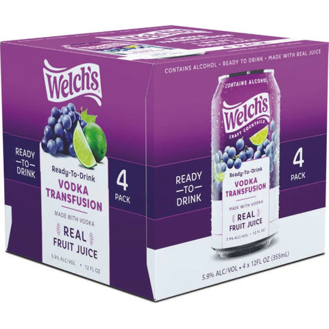 Welch's Craft Cocktails Vodka Transfusion 4-pack, featuring real fruit juice, ready-to-drink with vodka, grape, lime, and ginger flavor. Welch's Craft Cocktails Vodka Transfusion 4-pack, featuring real fruit juice, ready-to-drink with vodka, grape, lime, and ginger flavor.