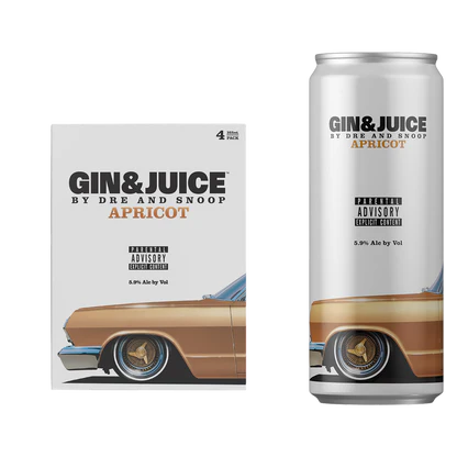Gin & Juice by Dre and Snoop Apricot 4-Pack with car design on can and box Gin & Juice by Dre and Snoop Apricot 4-Pack with car design on can and box