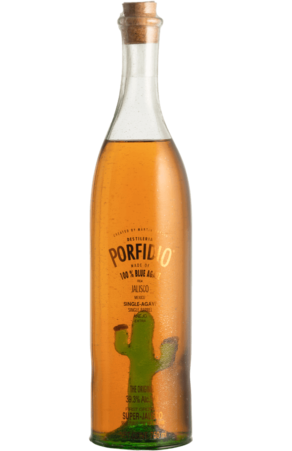Porfidio Single Agave Single Barrel Tequila Extra Anejo bottle with golden amber tequila and signature cactus glass design.