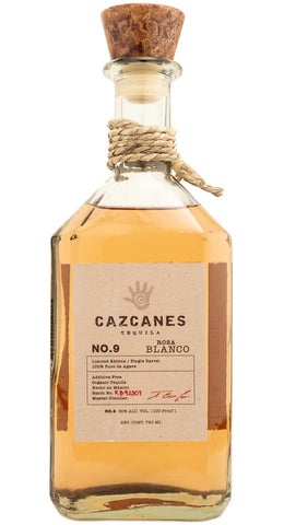 CAZCANES NO 9 Tequila Rosa Blanco 750 ML bottle with cork stopper and label featuring brand and product details. CAZCANES NO 9 Tequila Rosa Blanco 750 ML bottle with cork stopper and label featuring brand and product details.