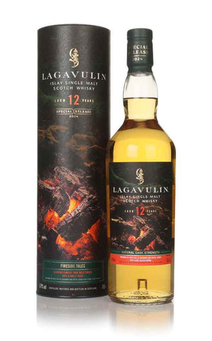 Lagavulin 12 Year Old Fireside Tales Special Release 2024 whisky bottle and packaging. Lagavulin 12 Year Old Fireside Tales Special Release 2024 whisky bottle and packaging.