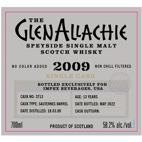 The GlenAllachie 2009 13 Year Sauternes Single Cask #3713 The GlenAllachie 2009 13 Year Sauternes Single Cask #3713