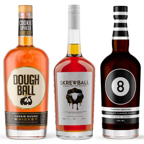 Three bottles of flavored whiskey: Skrewball Peanut Butter, 8 Ball Chocolate, and Dough Ball Cookie Dough.