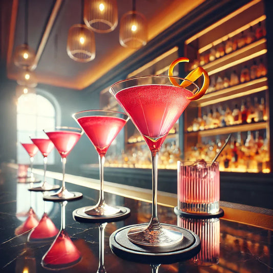 Classic cosmopolitan cocktails in martini glasses on a bar counter, showcasing a blend of tart, sweet, and strong flavors.