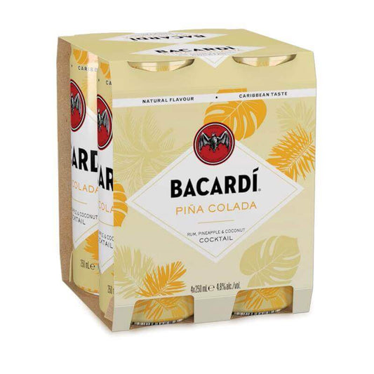 Bacardi Piña Colada Rum Cocktail 4-pack, tropical can design featuring Bacardi logo, pineapple, and coconut flavors.