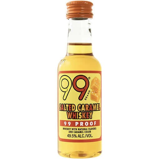 Bottle of 99 Brand Salted Caramel Whiskey, 99 proof, 49.5% alcohol by volume.