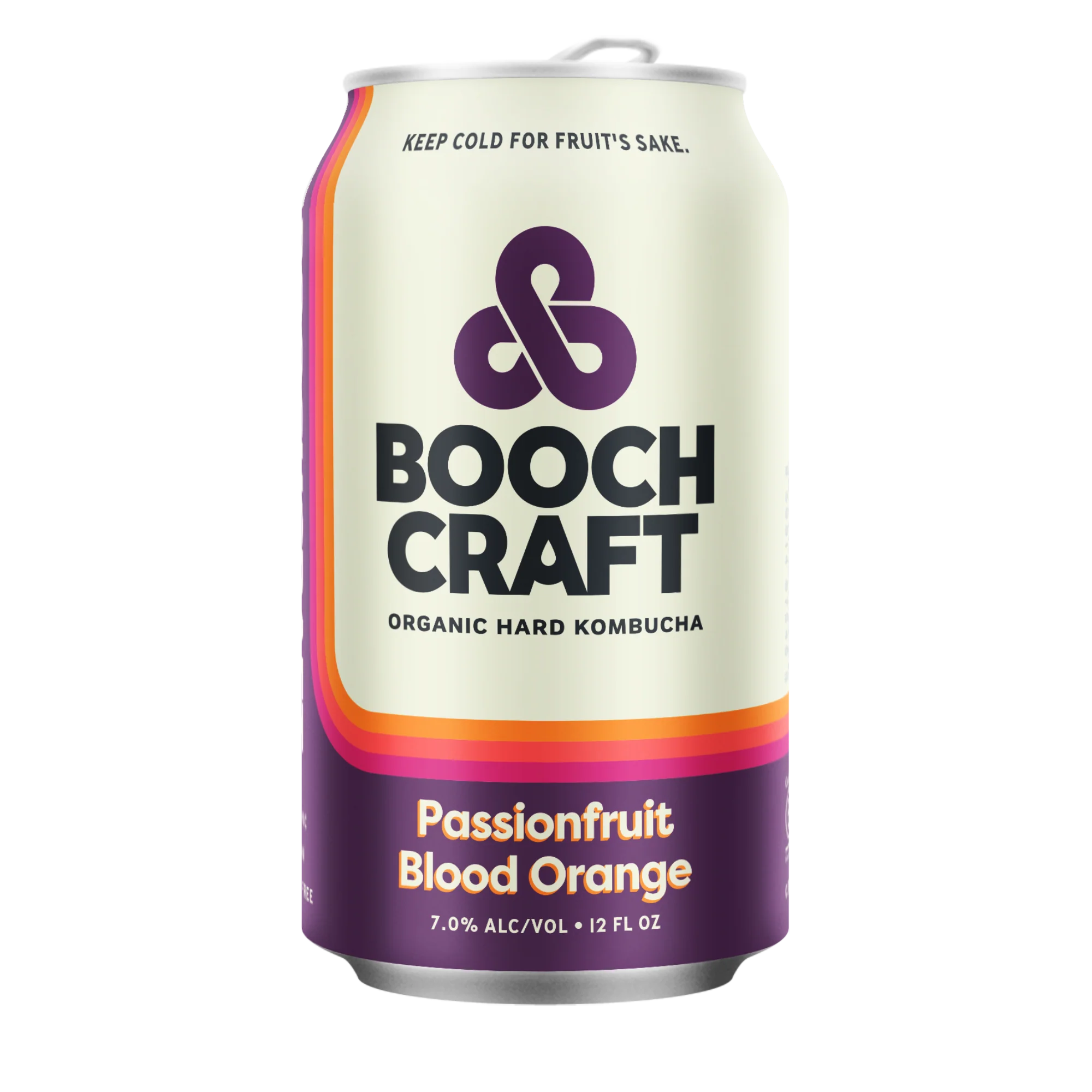 Can of Boochcraft Passionfruit Blood Orange Organic Hard Kombucha 12 fl oz with exotic and zesty flavor fusion.