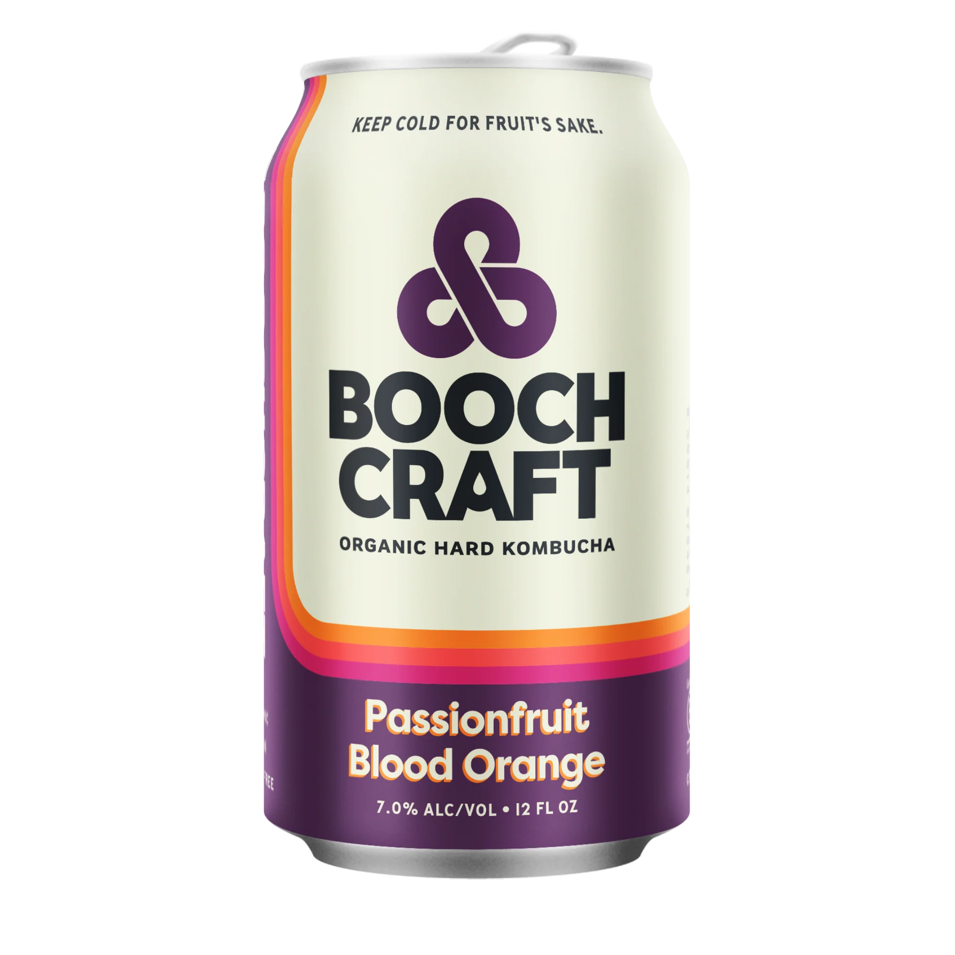 Can of Boochcraft Passionfruit Blood Orange Organic Hard Kombucha 12 fl oz with exotic and zesty flavor fusion.