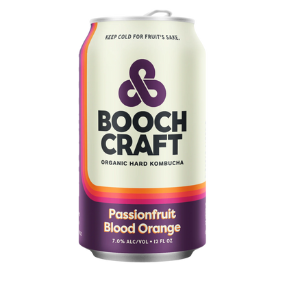 Can of Boochcraft Passionfruit Blood Orange Organic Hard Kombucha 12 fl oz with exotic and zesty flavor fusion.