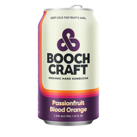 Can of Boochcraft Passionfruit Blood Orange Organic Hard Kombucha 12 fl oz with exotic and zesty flavor fusion.