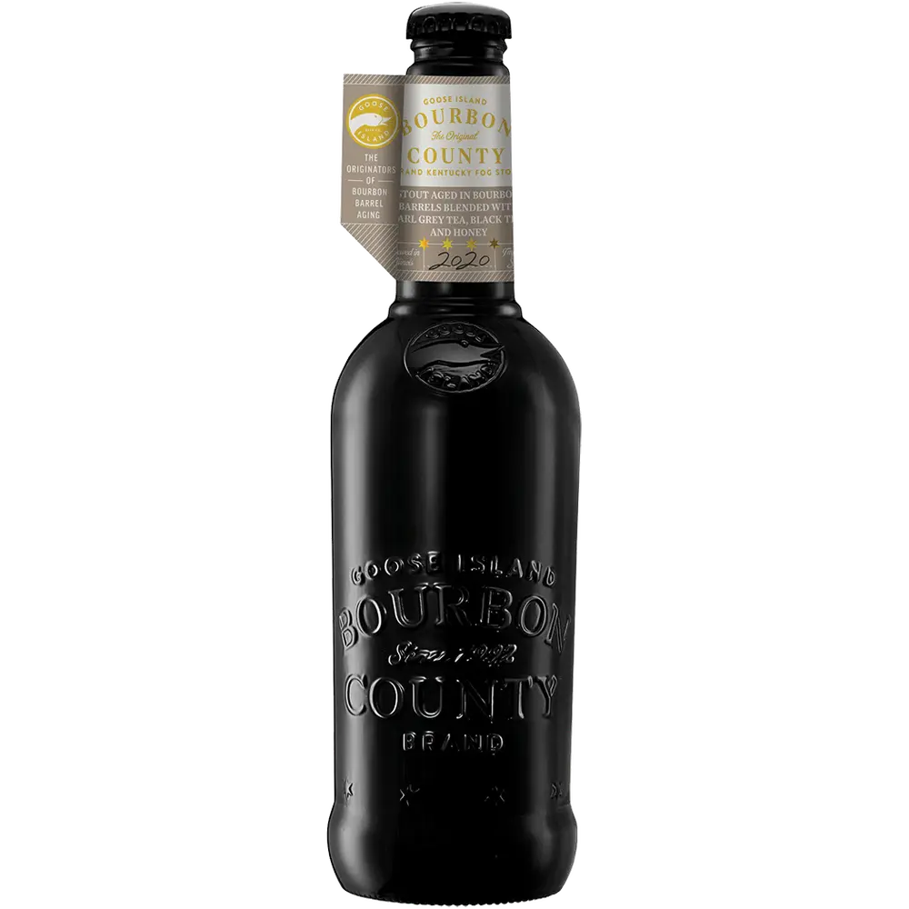 Goose Island Bourbon County Stout Kentucky Fog 2020 bottle, tea-inspired stout with Earl Grey tea, black tea, and clover honey.