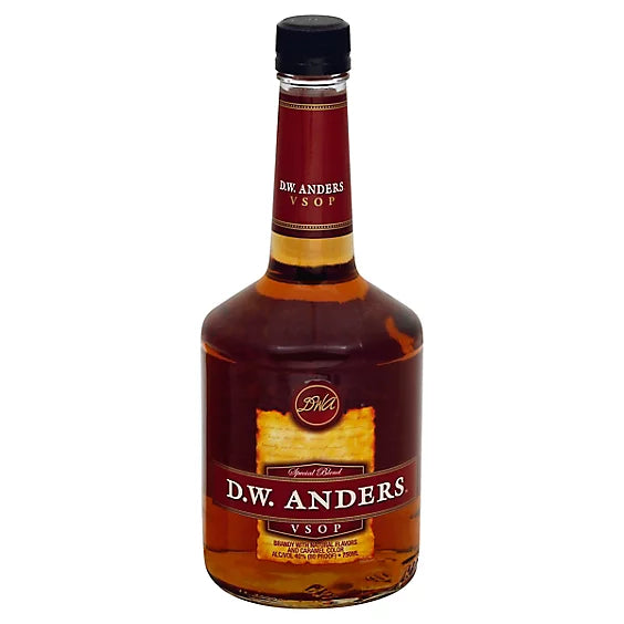 D.W. Anders Brandy VSOP Special Blend 80 Proof 1.8-liter bottle with caramel color and natural flavors, 40% alcohol by volume.