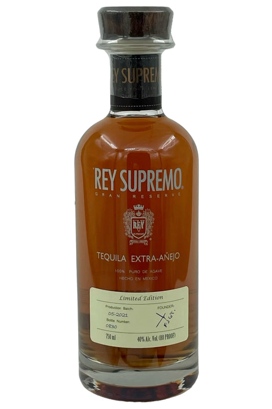 Rey Supremo Extra Añejo Gran Reserva Tequila bottle of premium spirit from 100% Blue Weber Agave