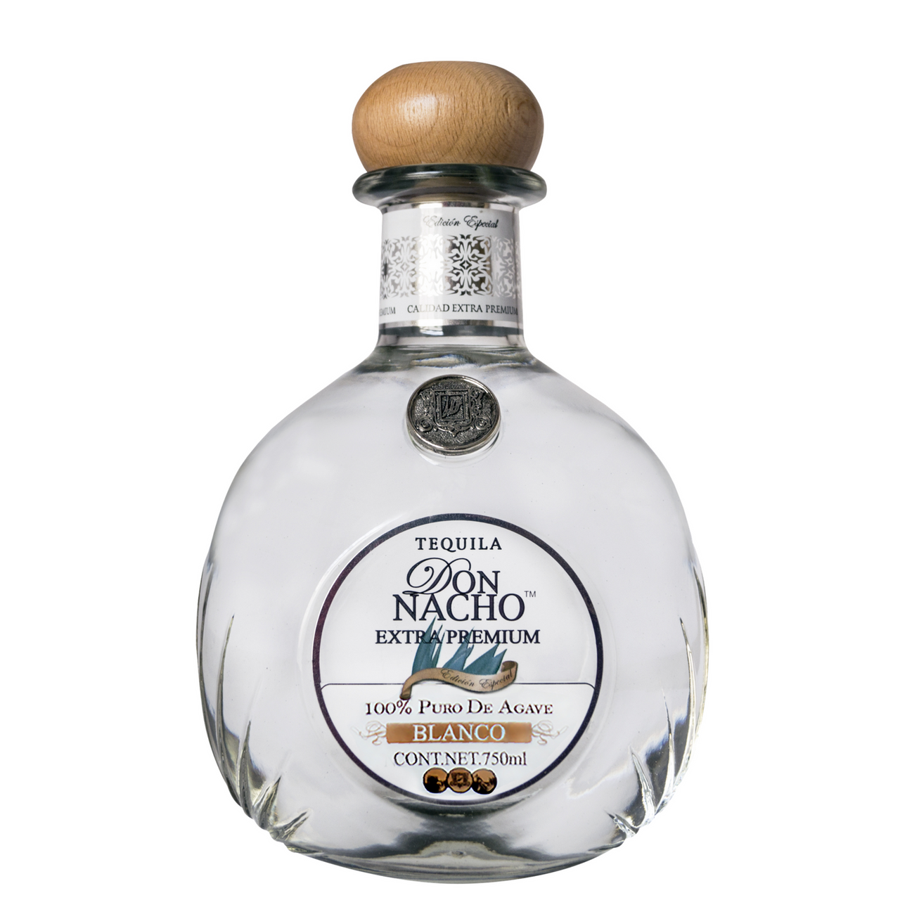 Don Nacho Extra Premium Blanco Tequila bottle, made from 100% Blue Weber Agave, crystal-clear in color, Jalisco, Mexico, 750ml