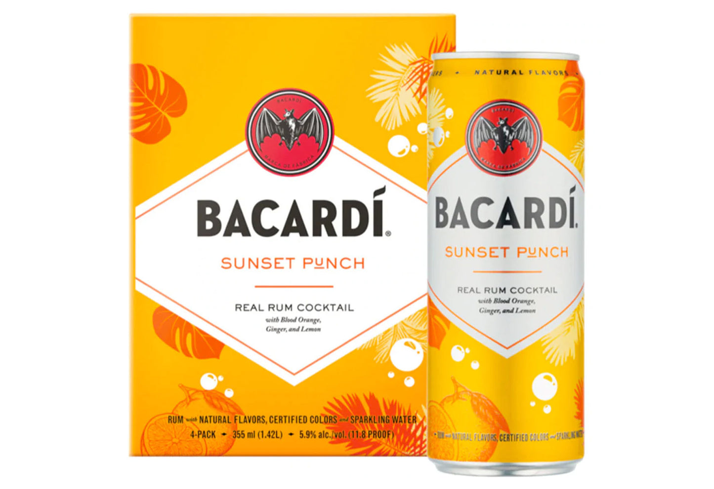 Bacardi Sunset Punch 4-pack, tropical cocktail with blood orange, lemon, and ginger flavors, can and box.