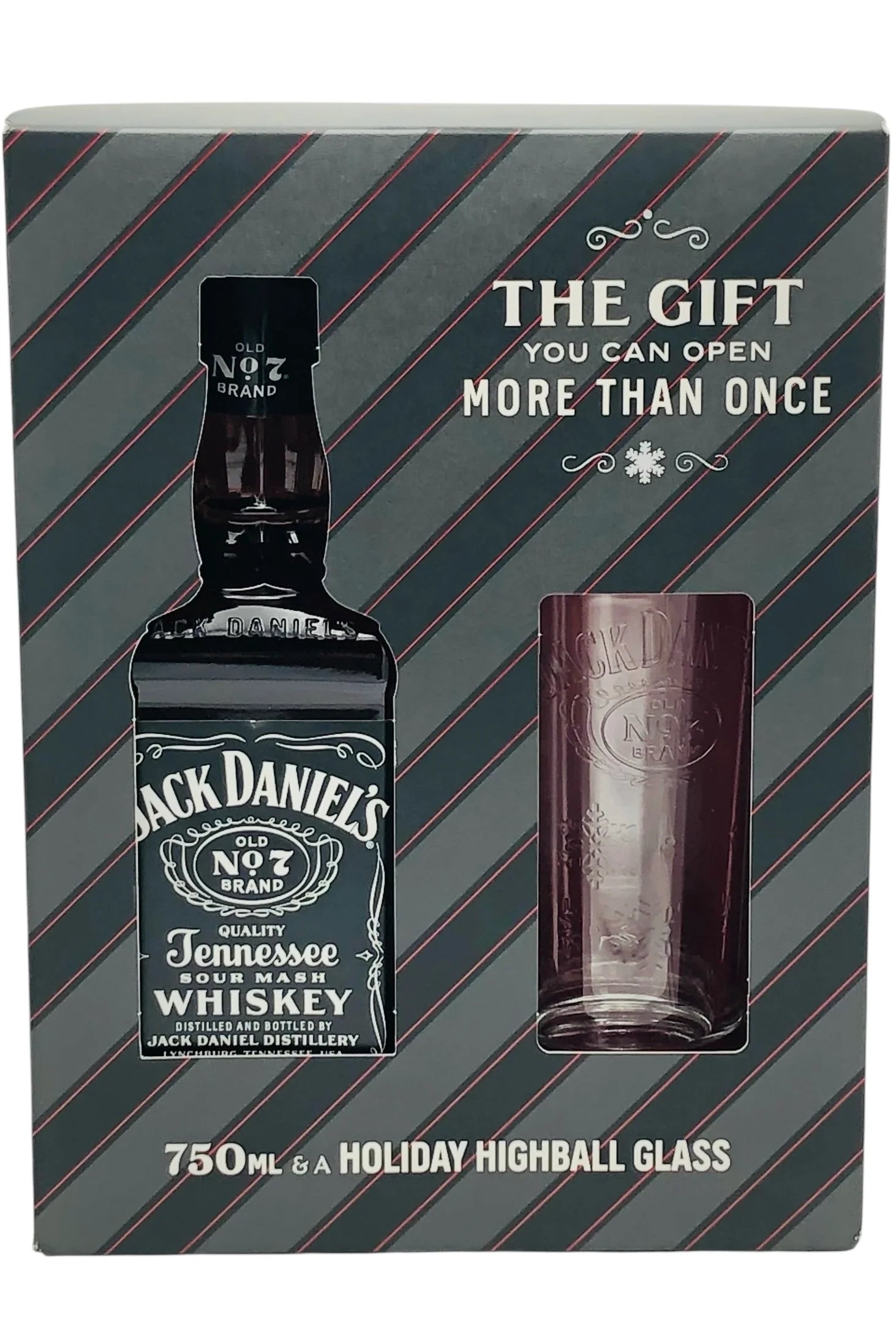 Jack Daniel's The Gift set with 750ml whiskey bottle and holiday highball glass, perfect for festive celebrations.