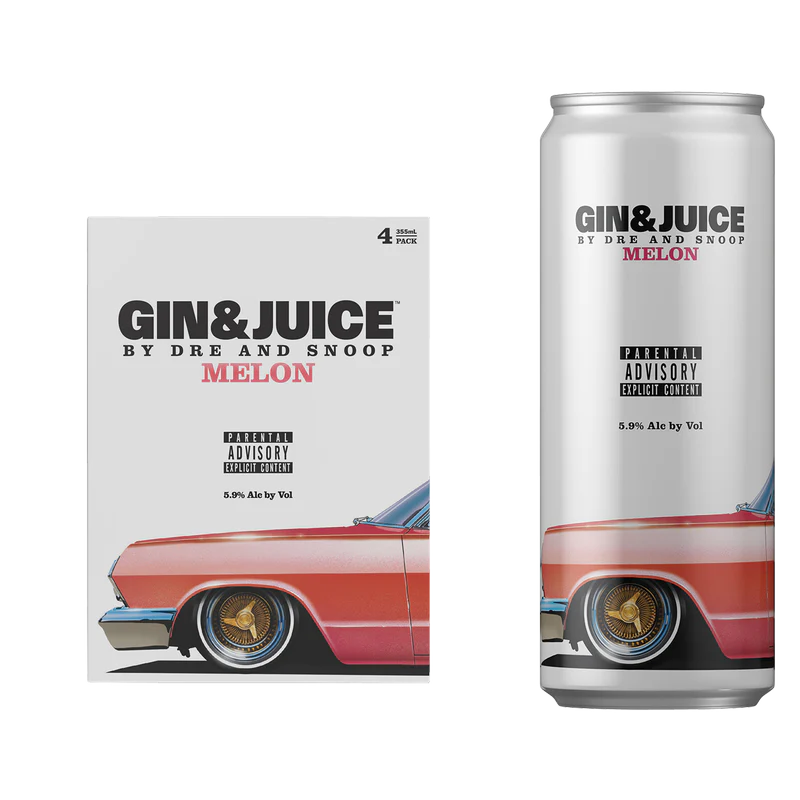 Gin & Juice by Dre and Snoop Melon 4-Pack, featuring premium gin and juicy watermelon flavor in sleek cans with iconic car design.