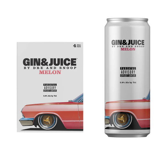 Gin & Juice by Dre and Snoop Melon 4-Pack, featuring premium gin and juicy watermelon flavor in sleek cans with iconic car design.