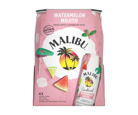 Malibu Watermelon Mojito 4-Pack Cans - Tropical cocktail made with Caribbean rum, featuring watermelon and mint flavors. Ready-to-drink convenience.