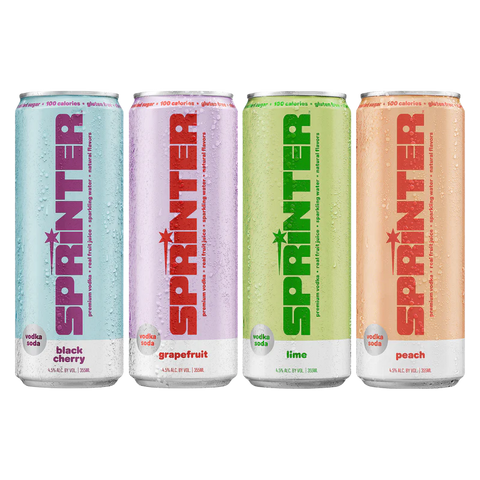 Sprinter Vodka Soda Variety Pack by Kylie Jenner featuring Black Cherry, Grapefruit, Lime, and Peach flavors