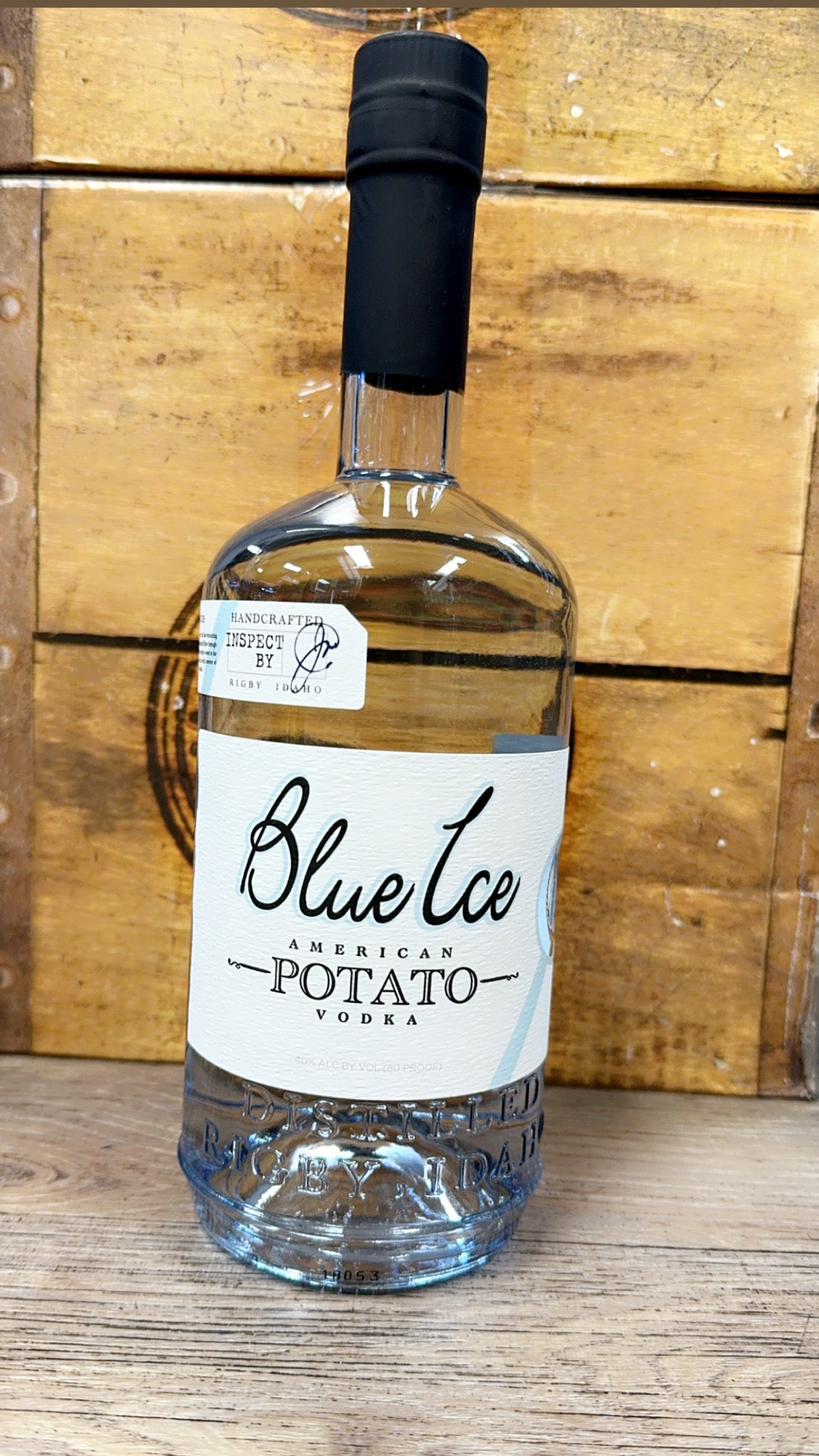 Blue Ice American Potato Vodka bottle, handcrafted in Idaho using Russet Burbank potatoes, perfect for low-calorie cocktails.
