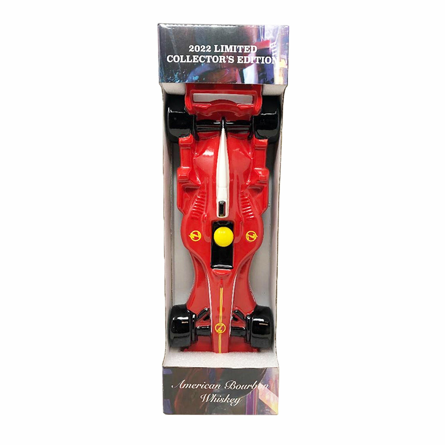 Collectible F1 race car shaped bottle of American Bourbon Whiskey Limited Edition 2022 in packaging.