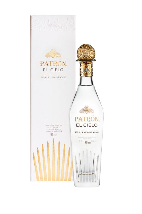 Patron El Cielo Silver Tequila bottle and packaging, showcasing prestige, naturally sweet agave flavors, and ultra-smooth finish.