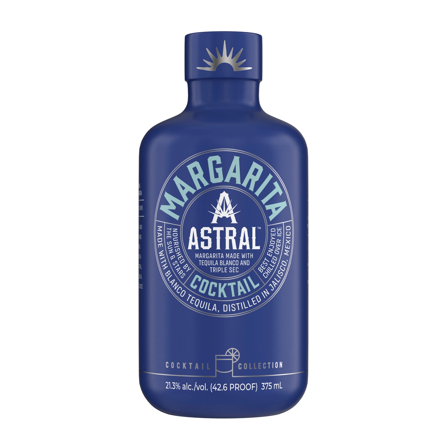 Astral Margarita Cocktails bottle with Tequila Blanco, lime juice, and triple sec, ready to serve, 375ml, front view.