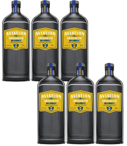 Aviation Gin Wolverine Edition 6-pack bottles with yellow labels displaying the limited edition comic character inspired design.