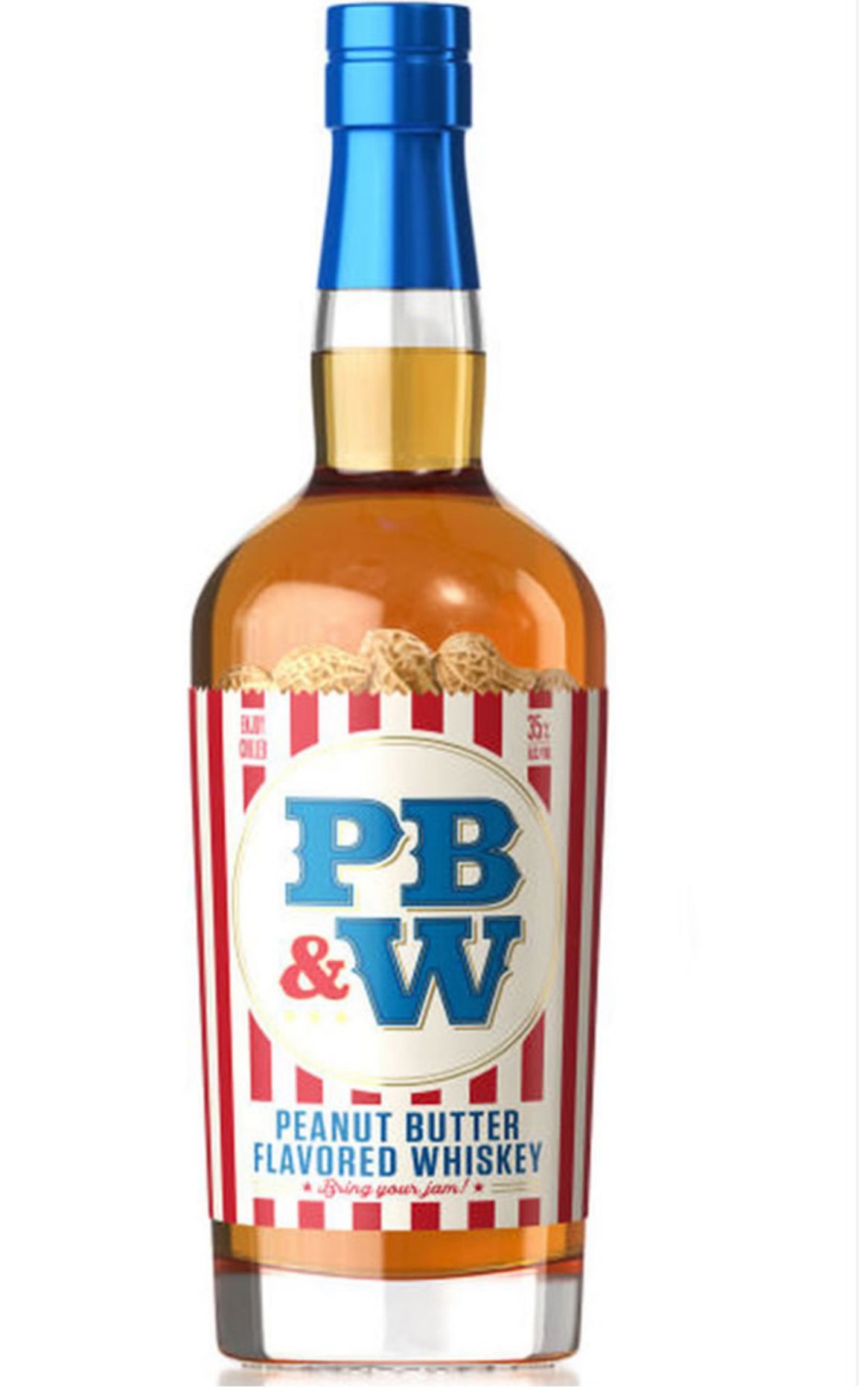 PB&W Peanut Butter Flavored Whiskey bottle with red and white label, showcasing a premium blend of bourbon and creamy peanut butter.