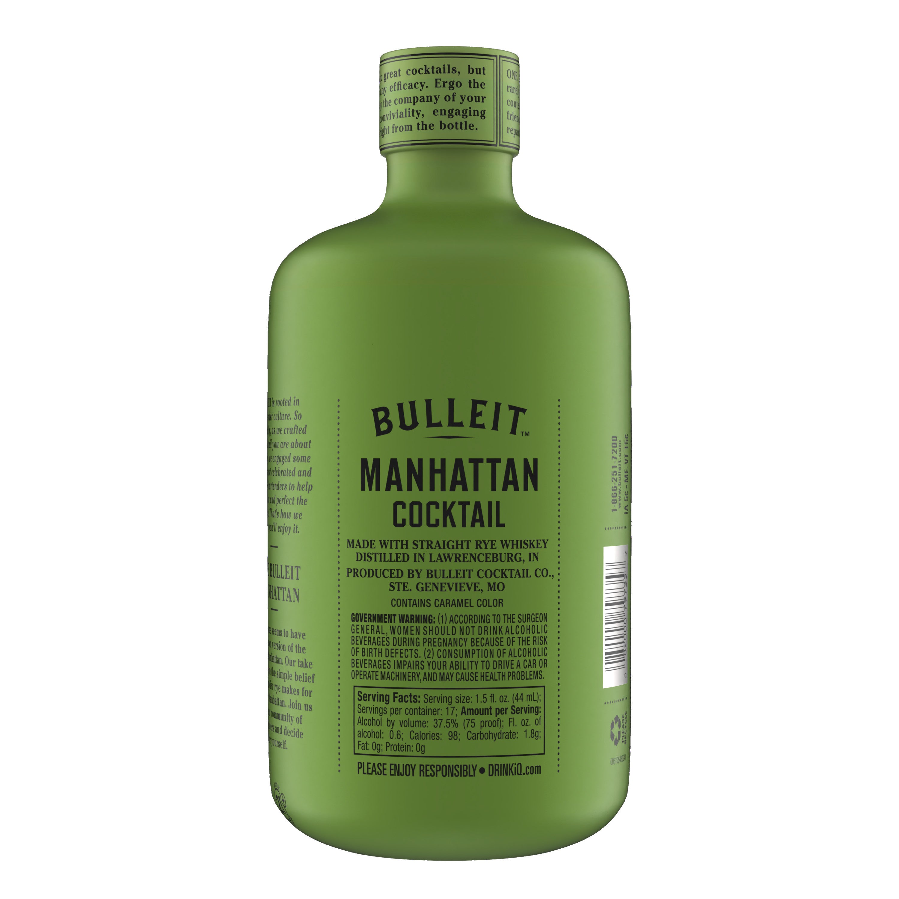 Bulleit Manhattan Cocktail RTD 375ml green bottle, labeled with ingredients and product details