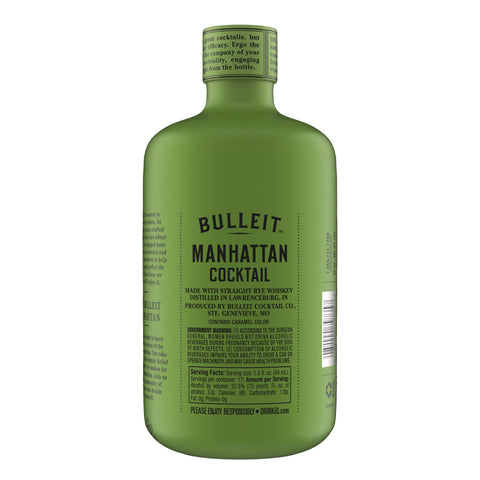 Bulleit Manhattan Cocktail RTD 375ml green bottle, labeled with ingredients and product details