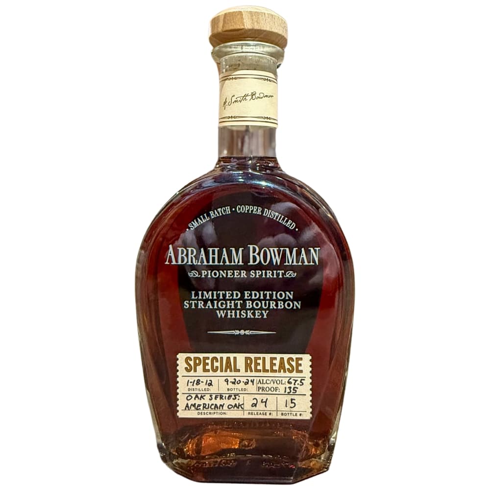 Abraham Bowman Oak Series Special Release Straight Bourbon Whiskey bottle, distilled 2012, bottled 2024. Limited edition.
