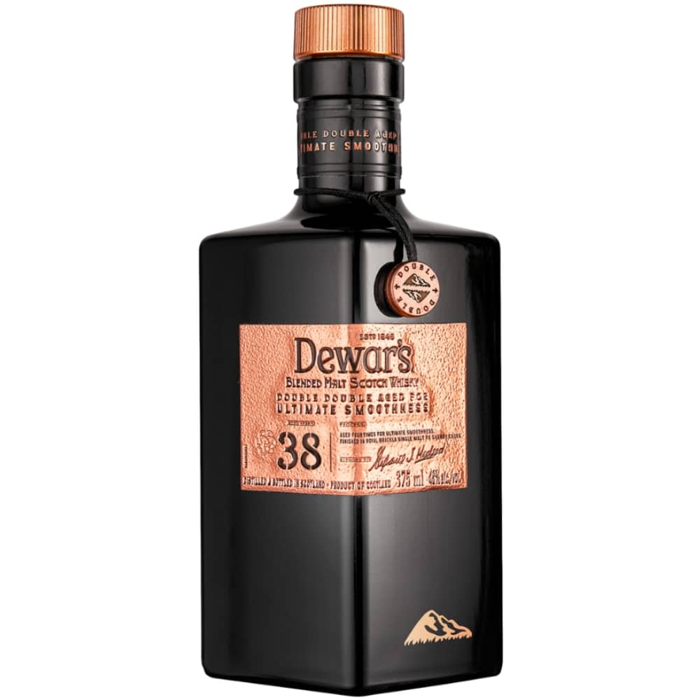 Dewar’s Double Double 38 Year Old Blended Malt Scotch Whisky bottle showcasing unique design and label details.