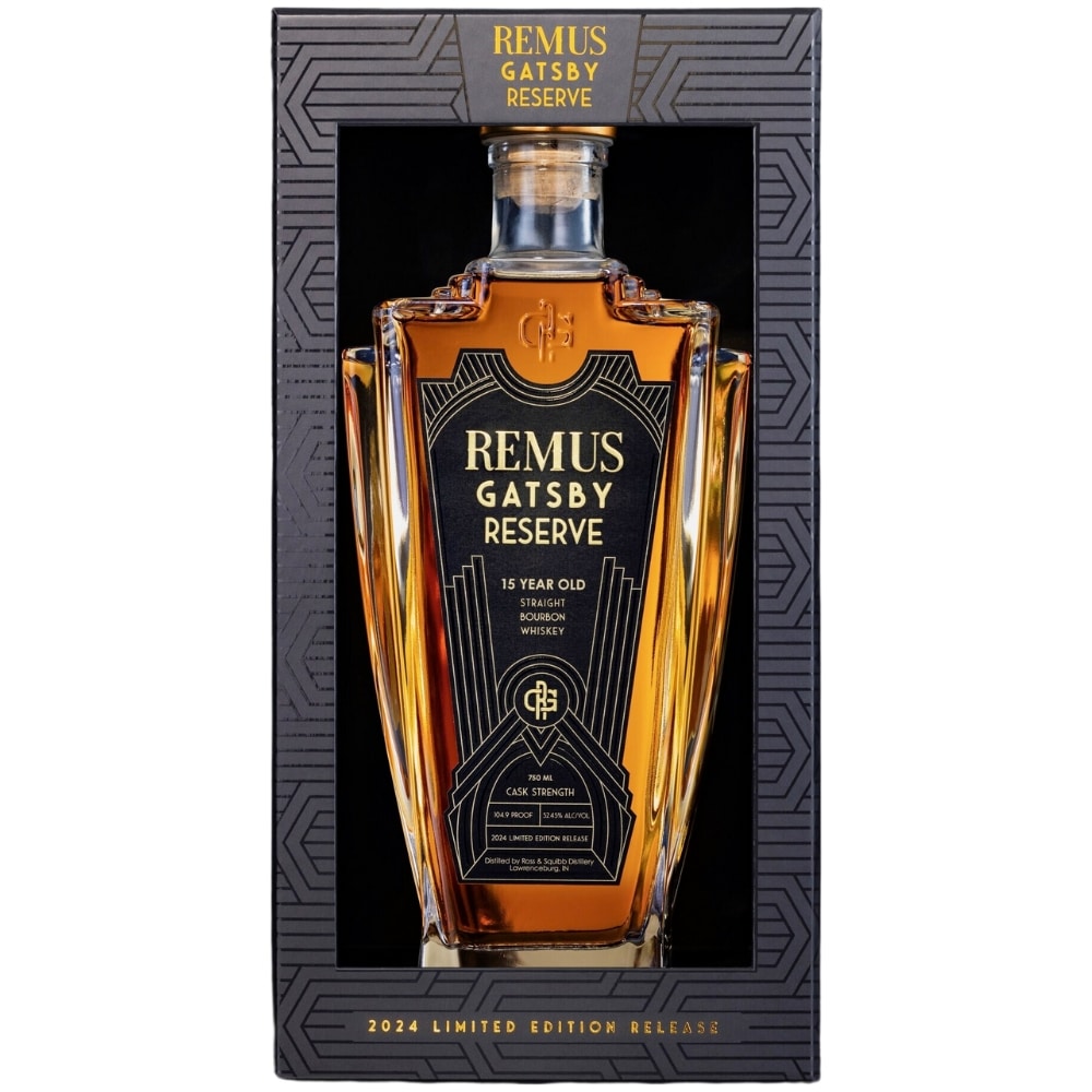 Remus Gatsby Reserve 15 Year Old bourbon bottle, 2024 limited edition release, elegantly packaged with cask strength label.