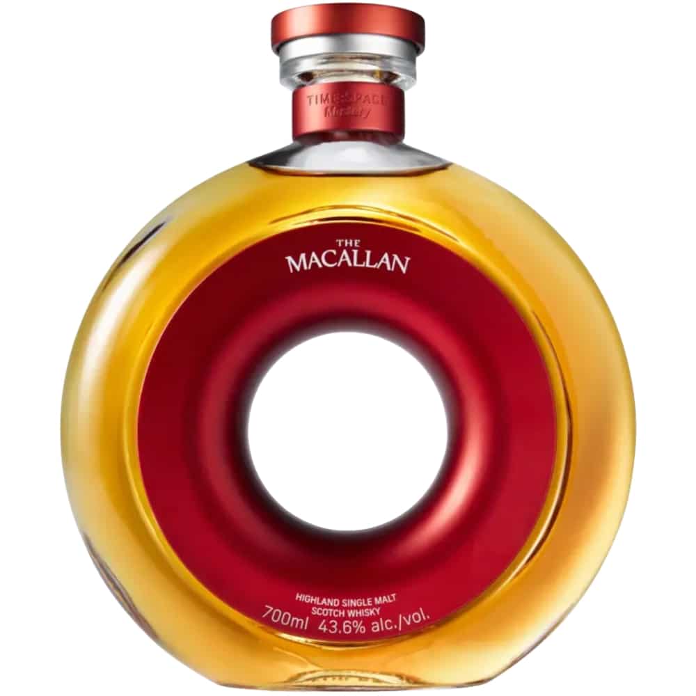 Macallan Time Space Mastery Scotch Whisky in a uniquely crafted circular bottle, symbolizing life's journey and heritage.