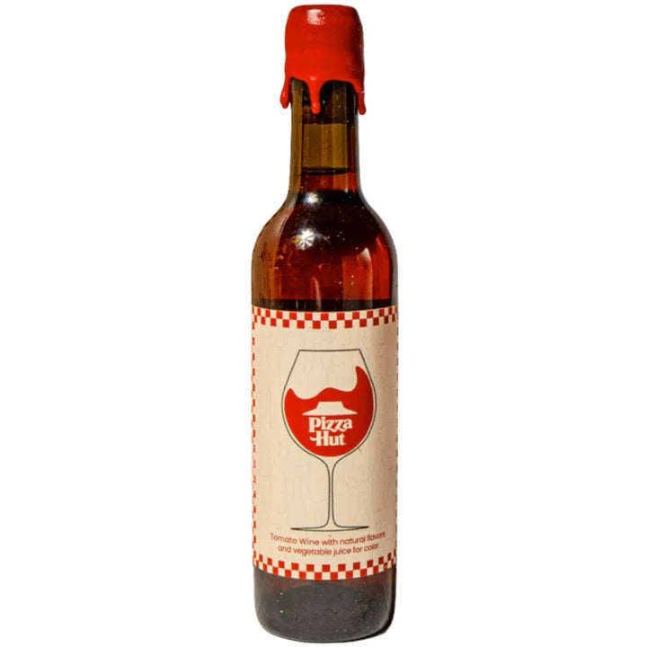 Pizza Hut Tomato Wine bottle showcasing unique red packaging and playful branding for a savory culinary experience.