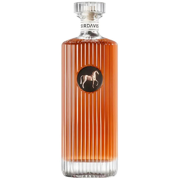 SirDavis American Whisky by Beyoncé in an elegant ribbed bottle with a horse emblem, showcasing its premium quality and rich amber color.